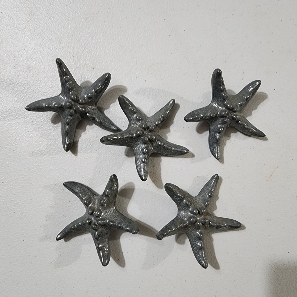 5 Starfish Drawer Pulls Cast Metal Silver Pewter Coastal Nautical Cabinet Knobs